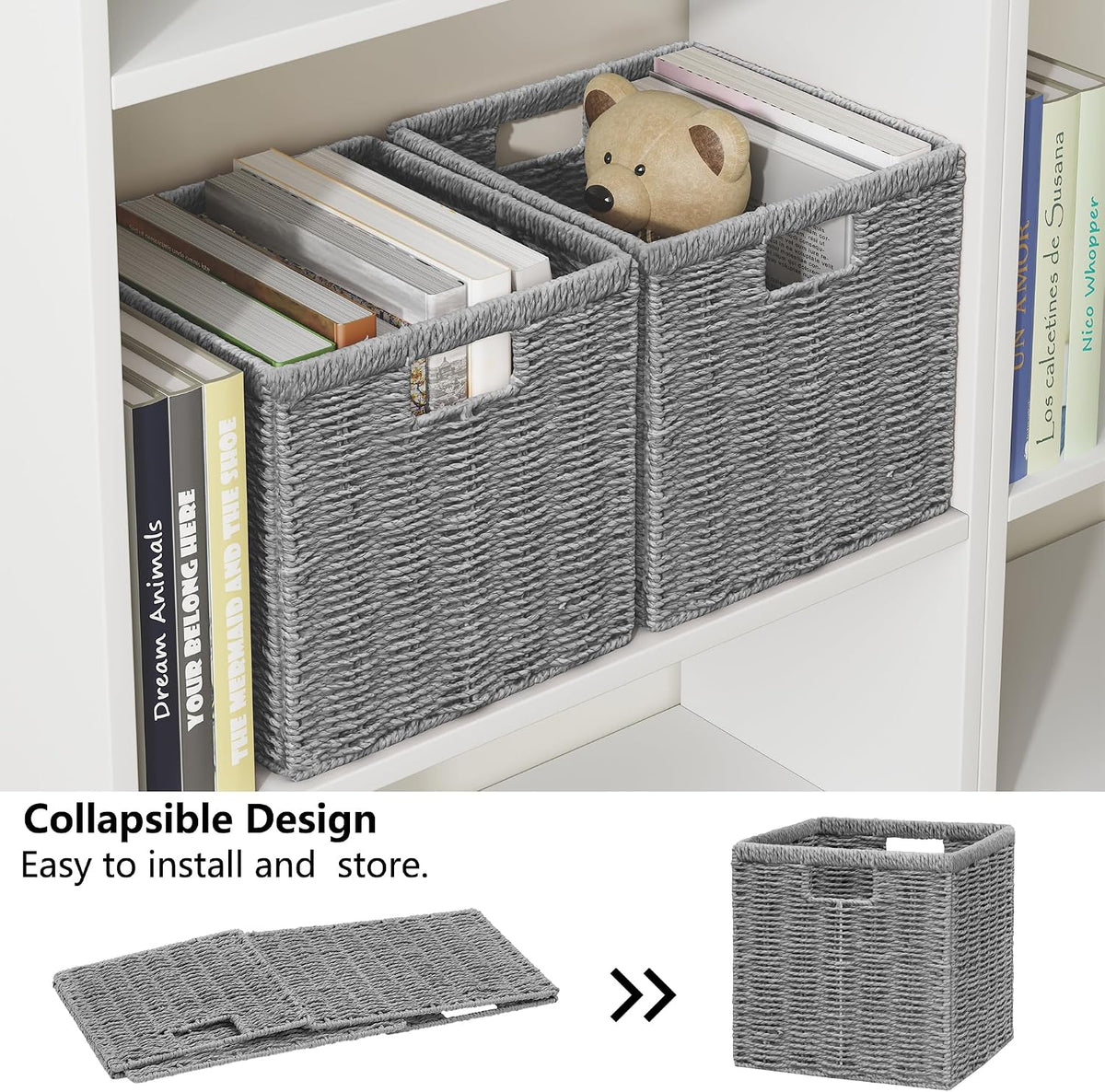 11" Grey Foldable Wicker Storage Cubes, Set of 2