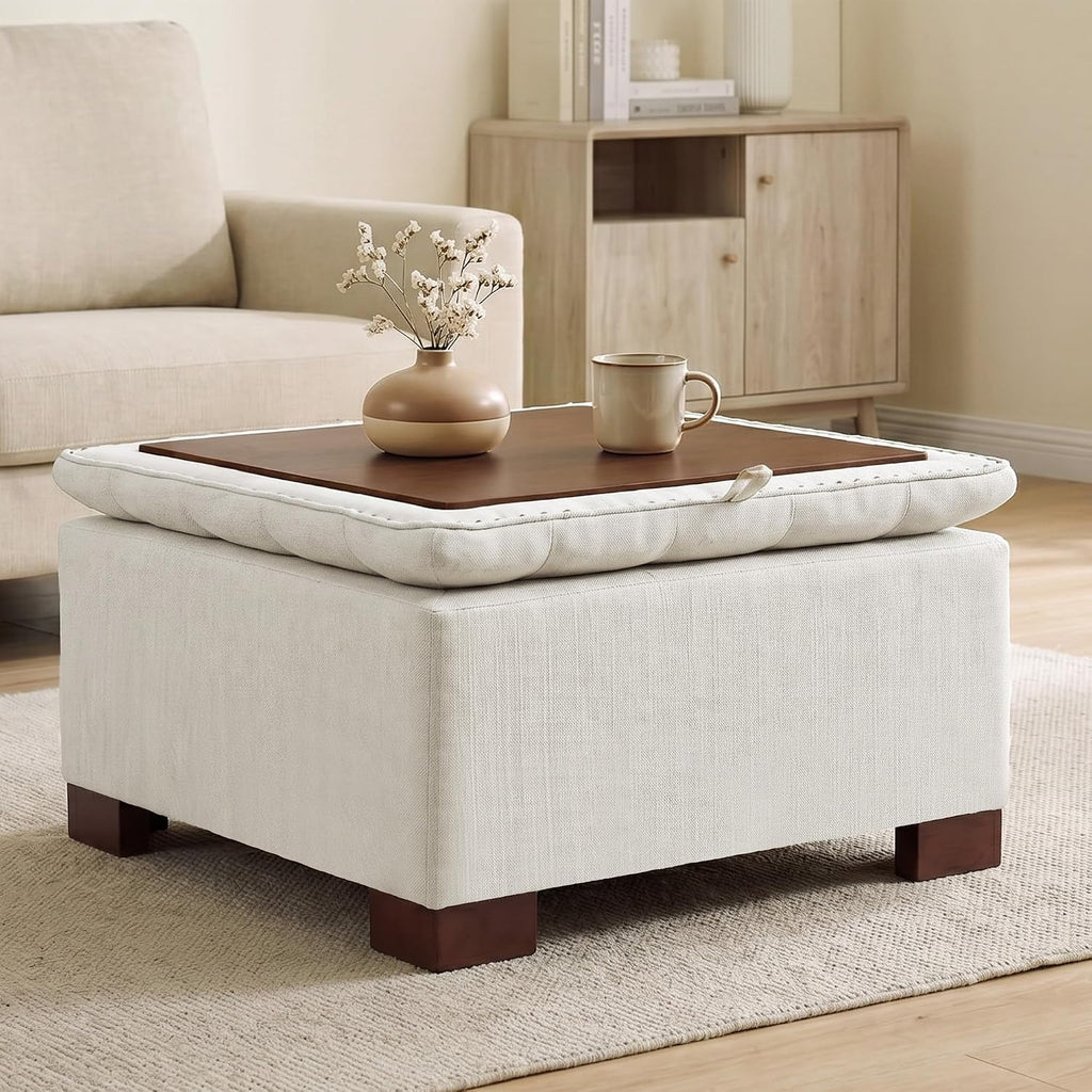 24" Beige Linen Tufted Flip‑Tray Storage Ottoman