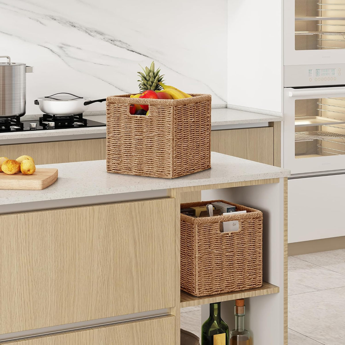 13" Natural Foldable Wicker Storage Cubes, Set of 2