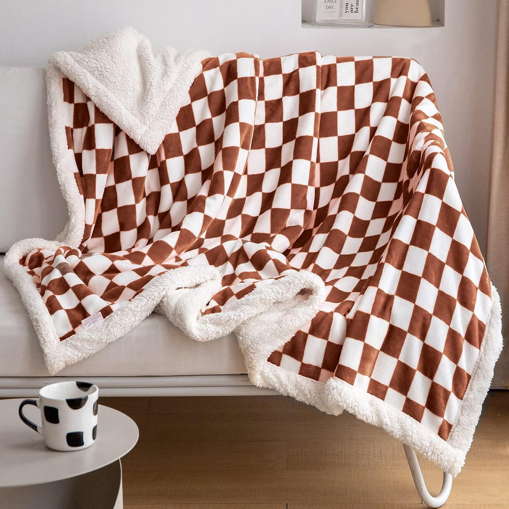60"x80" Maple Brown Checkered Sherpa Throw Blanket