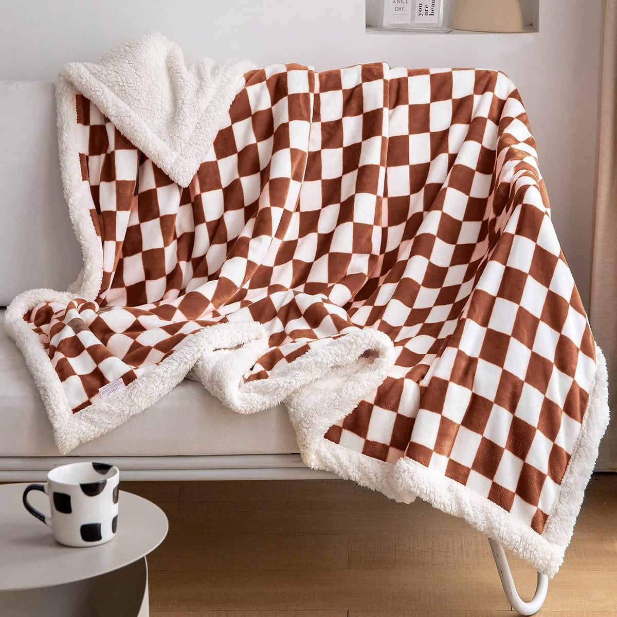 60"x80" Maple Brown Checkered Sherpa Throw Blanket