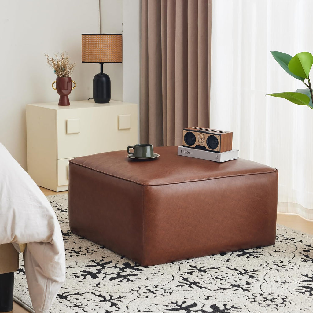 30" Light‑Brown Faux Leather Square Ottoman