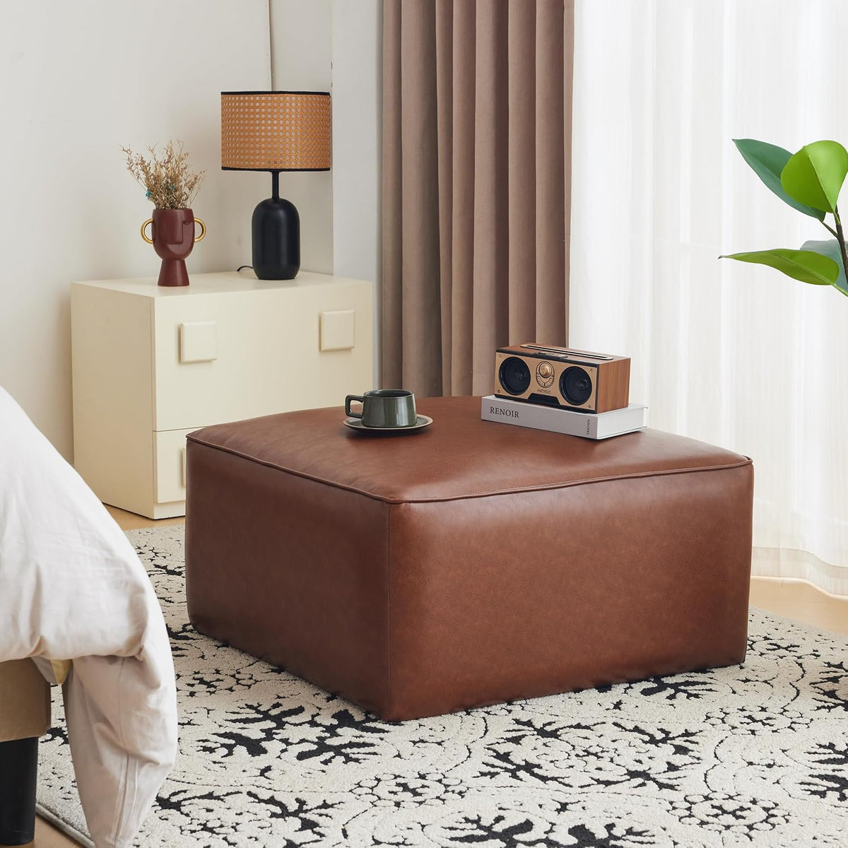 30" Light‑Brown Faux Leather Square Ottoman