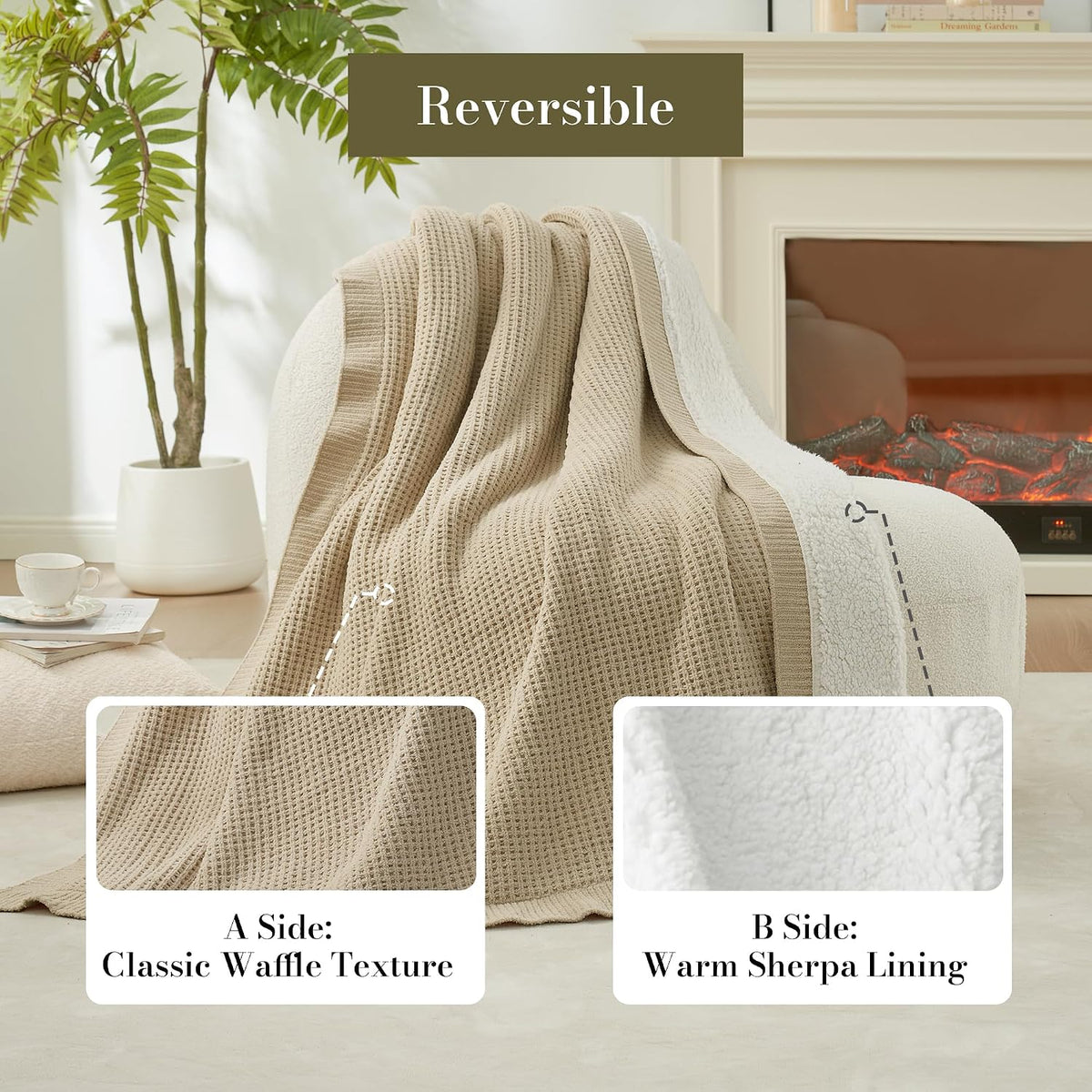 50"x60" Beige Waffle Sherpa Knit Throw