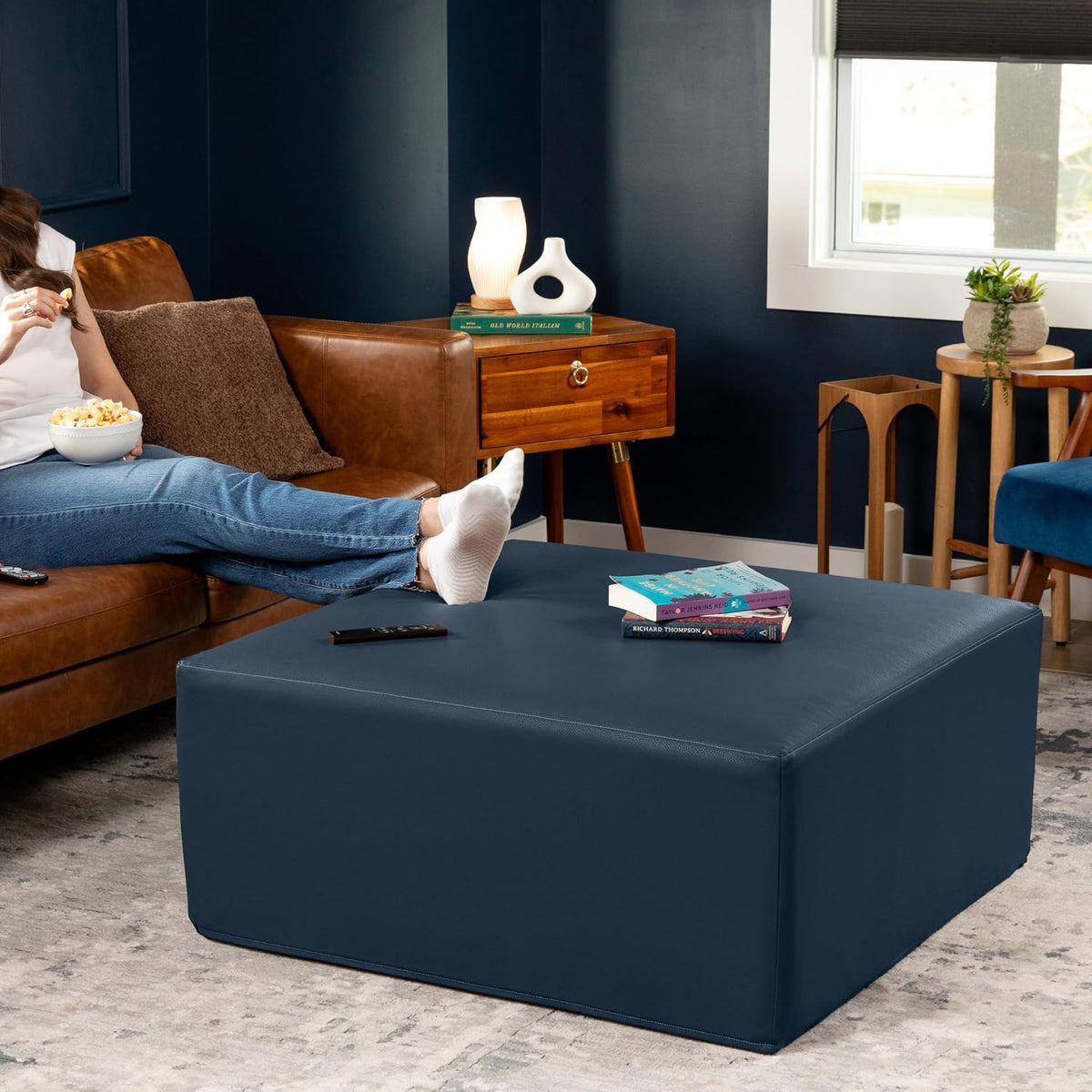 36" Oxford‑Blue Faux Leather Square Ottoman