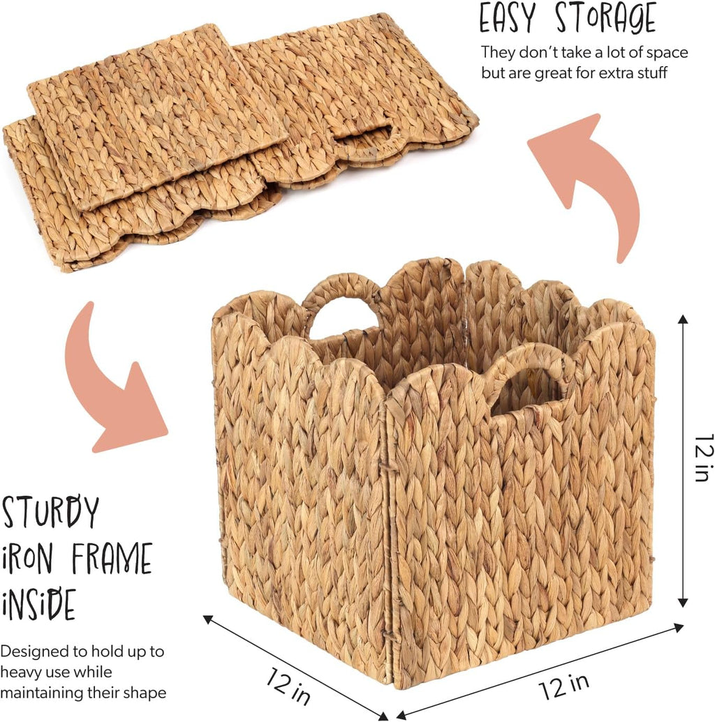 12" Foldable Scalloped Hyacinth Storage Cubes, Set of 4