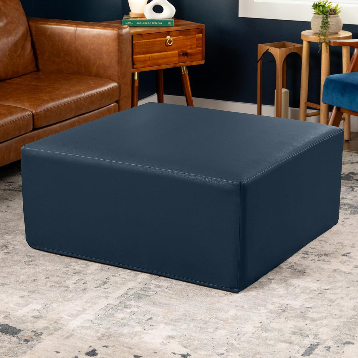 36" Oxford‑Blue Faux Leather Square Ottoman