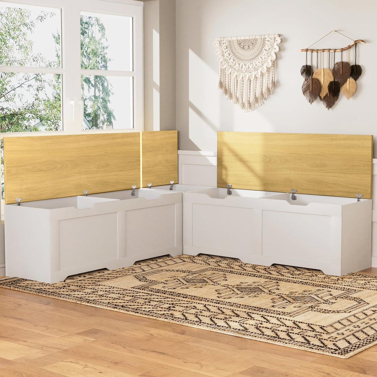 3‑Piece White L‑Shaped Cushioned Storage Bench Set