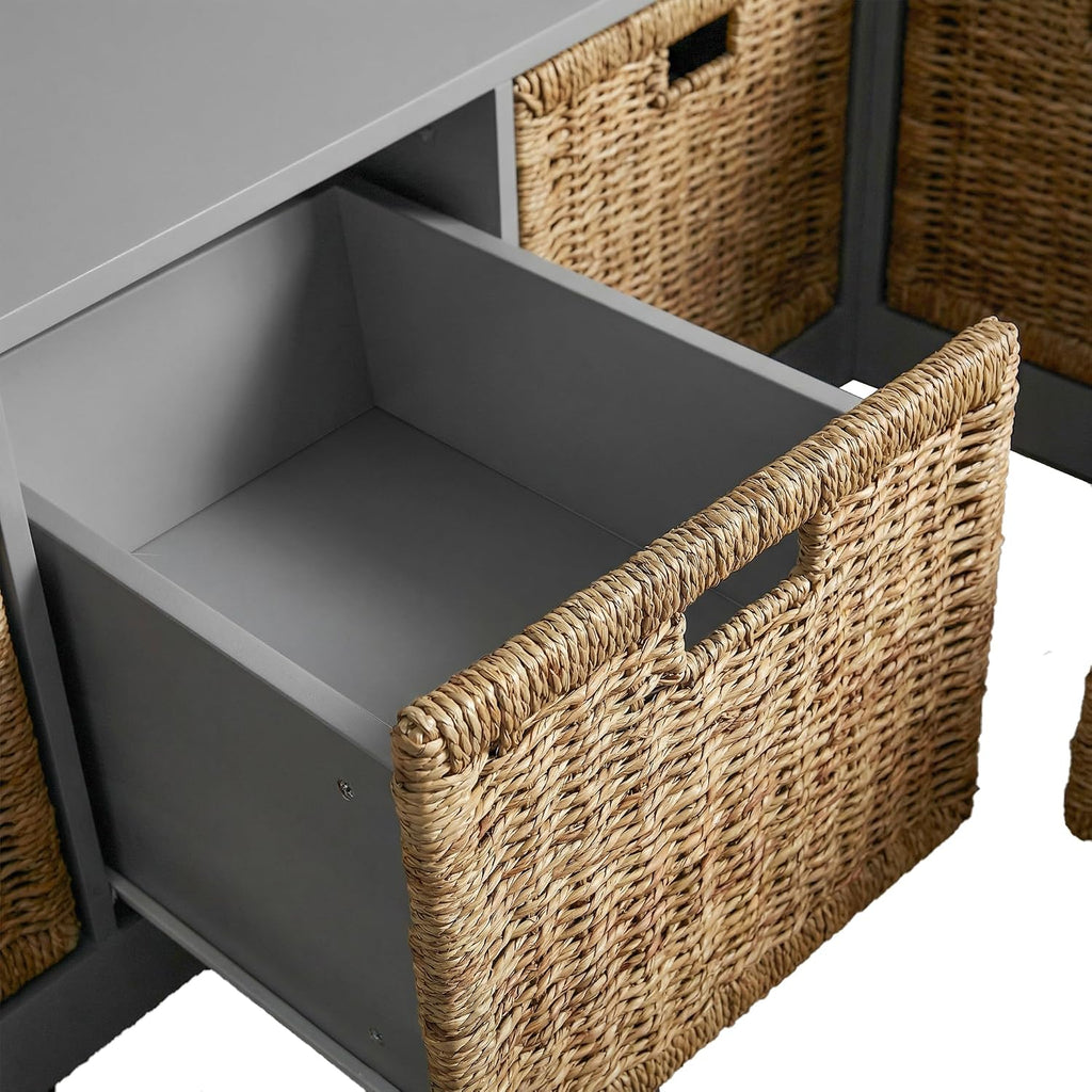 63" L‑Shaped Grey Bench with 6 Woven Basket Drawers  今天 11:19