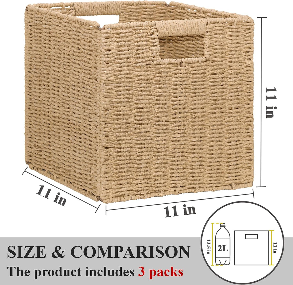 11" Natural Foldable Wicker Storage Baskets, 3‑Pack