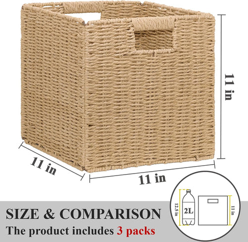 11" Natural Foldable Wicker Storage Baskets, 3‑Pack