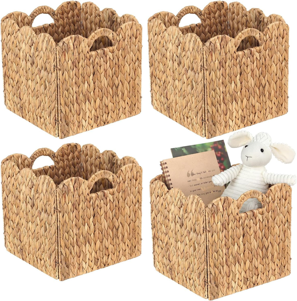 12" Foldable Scalloped Hyacinth Storage Cubes, Set of 4