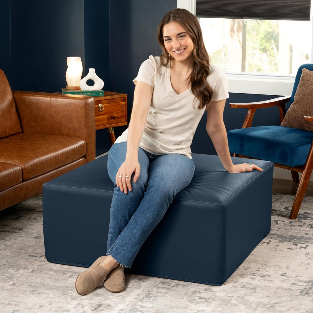 36" Oxford‑Blue Faux Leather Square Ottoman
