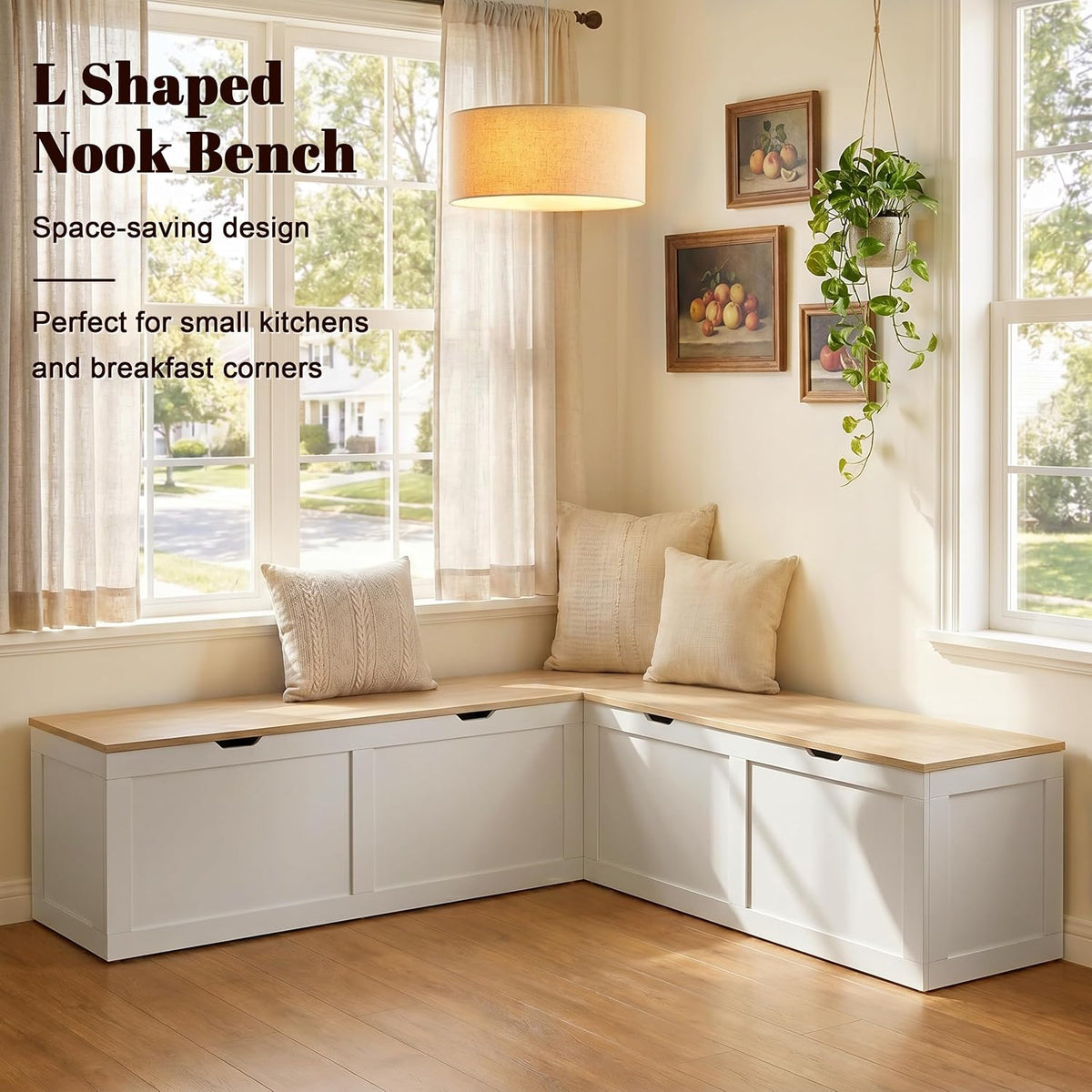 63" Oak L‑Shaped Storage Nook Bench