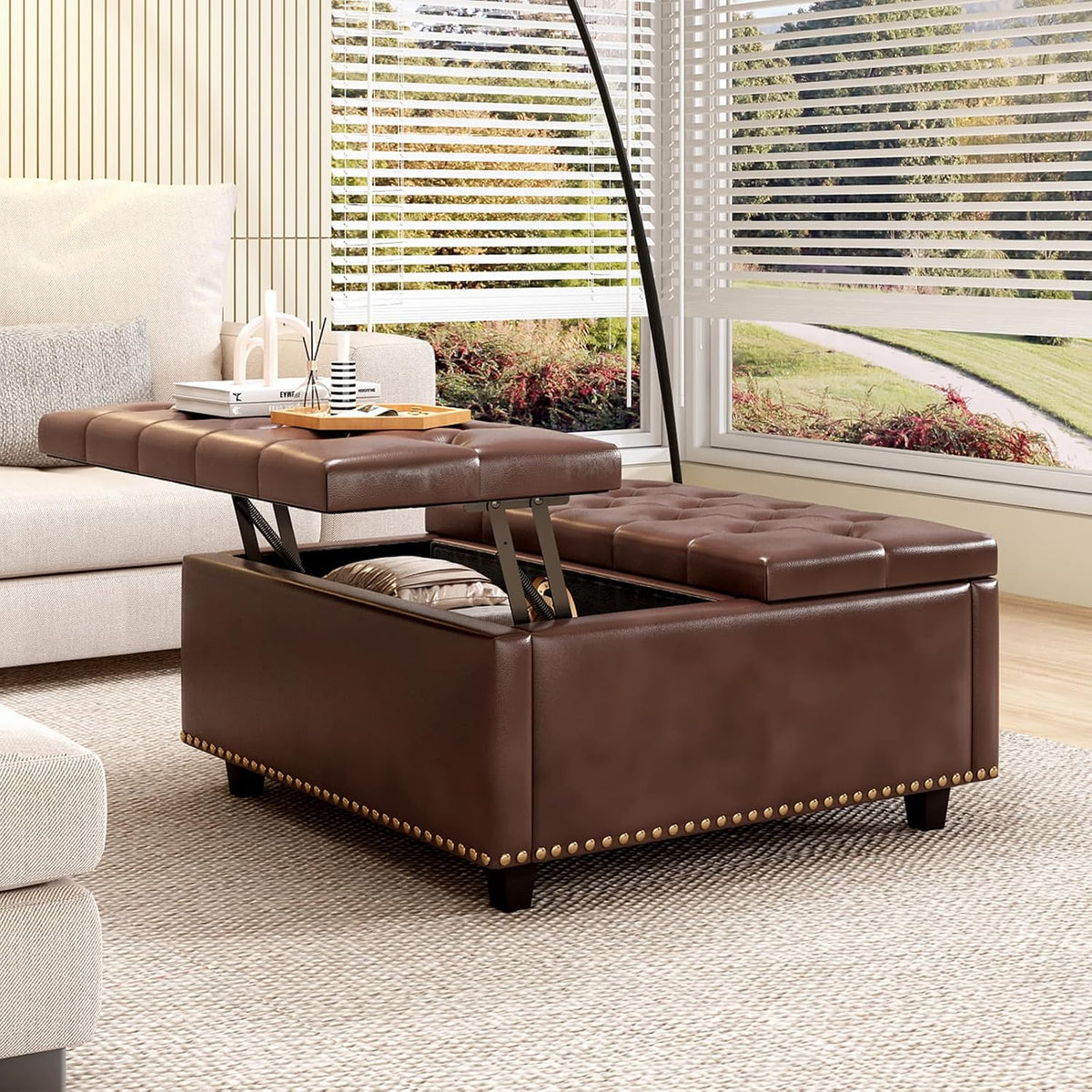 32.3" Brown PU Leather Lift‑Top Storage Ottoman