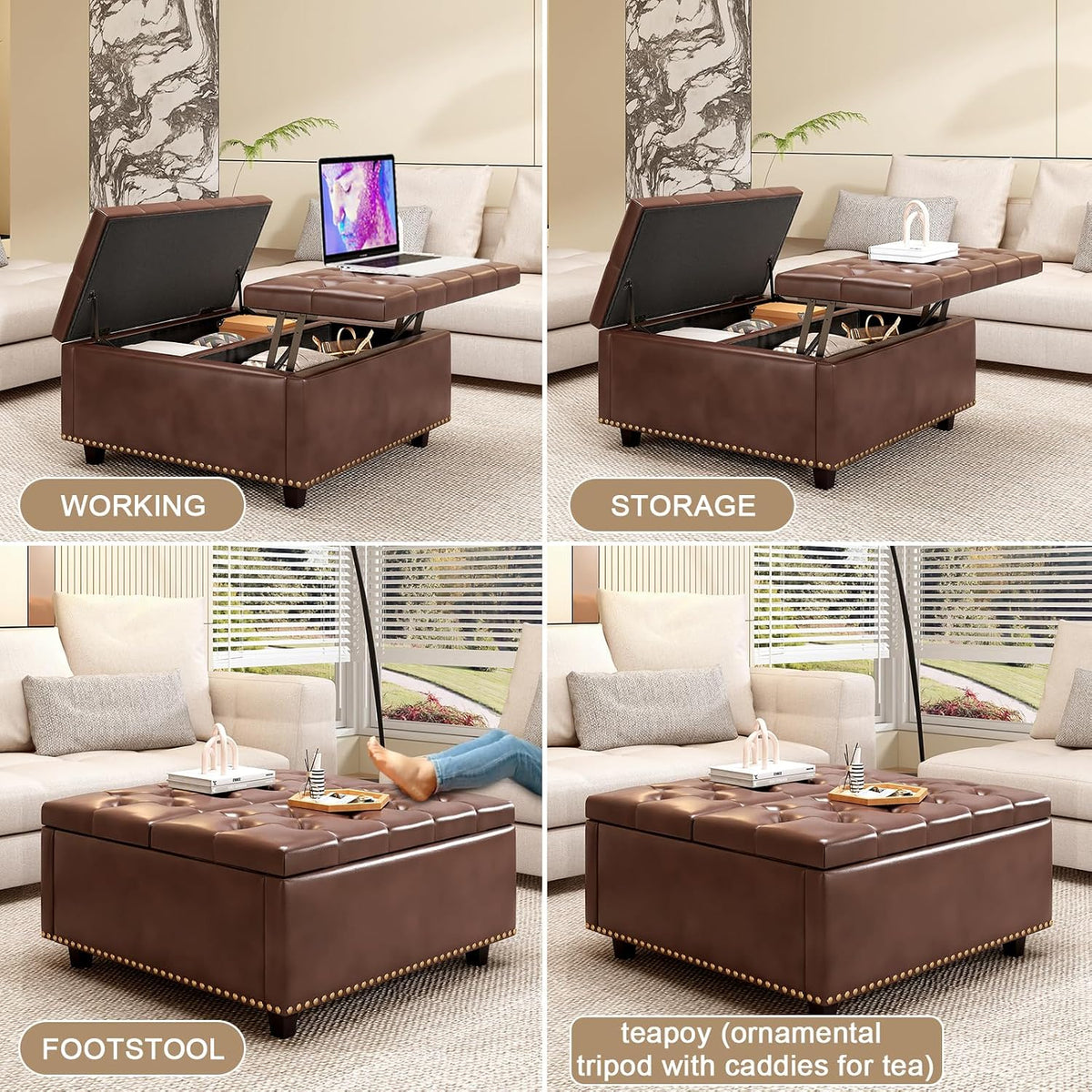 32.3" Brown PU Leather Lift‑Top Storage Ottoman