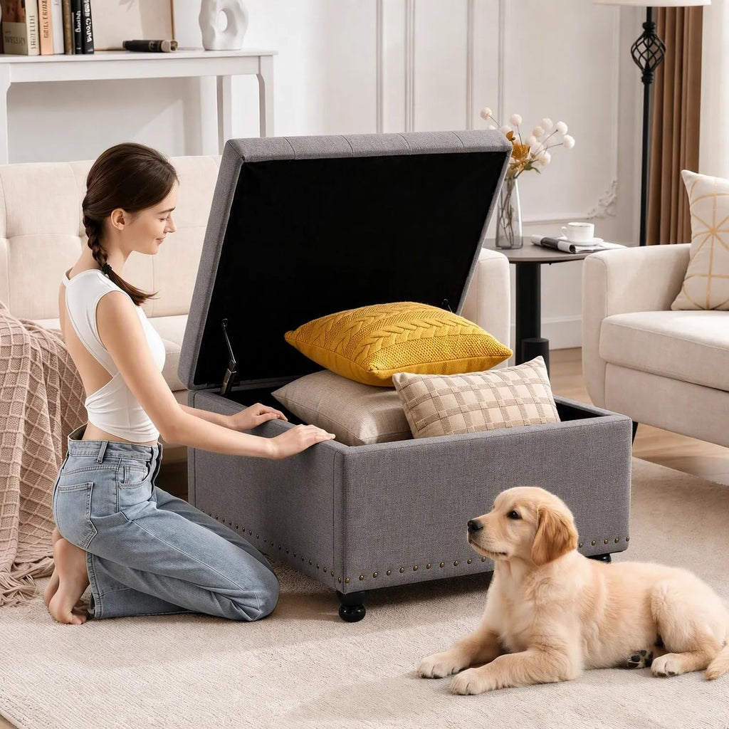 30" Dark‑Gray Square Storage Ottoman Coffee Table