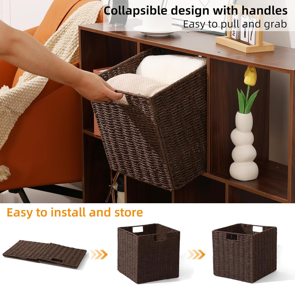 12" Brown Foldable Wicker Storage Cubes, Set of 2