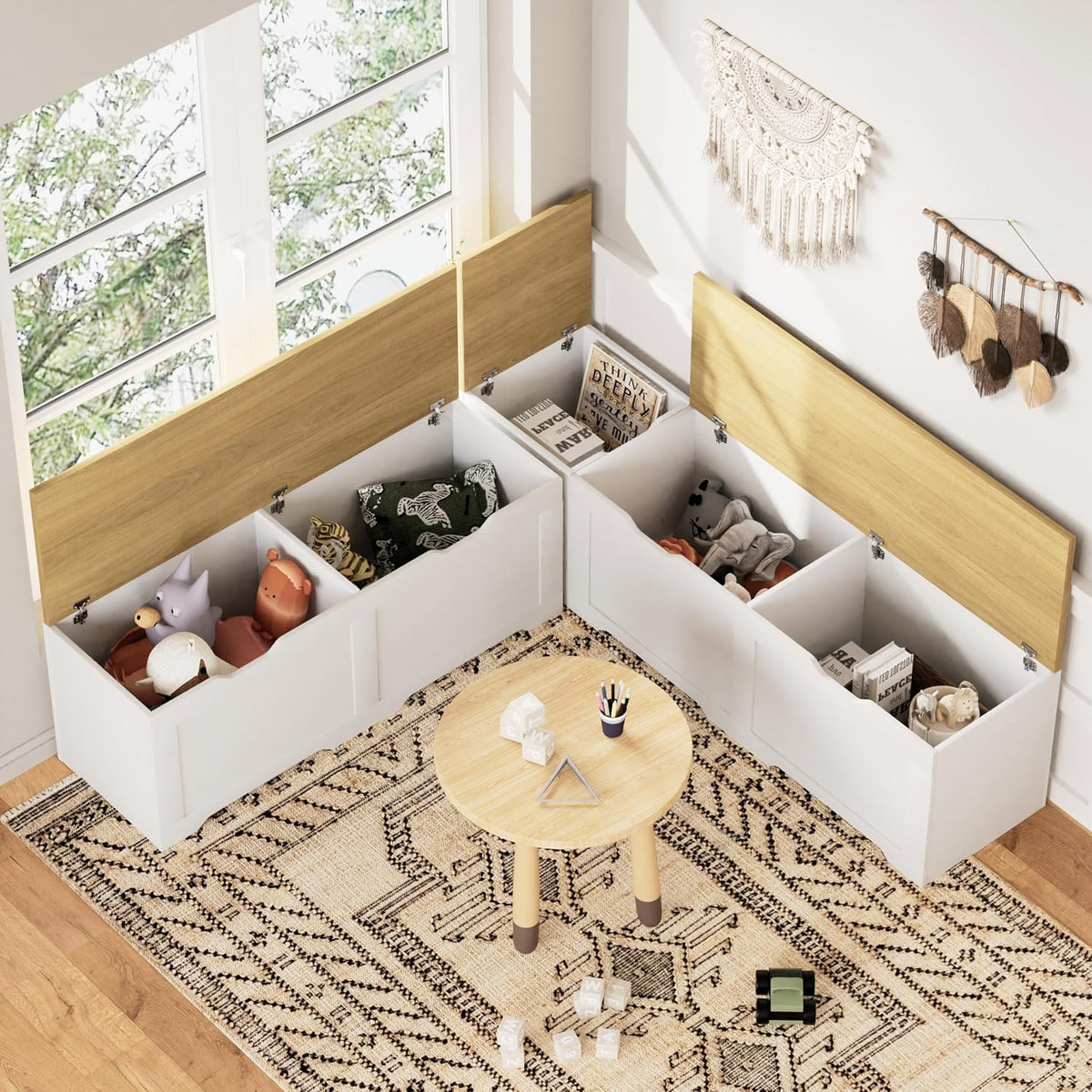 3‑Piece White L‑Shaped Cushioned Storage Bench Set