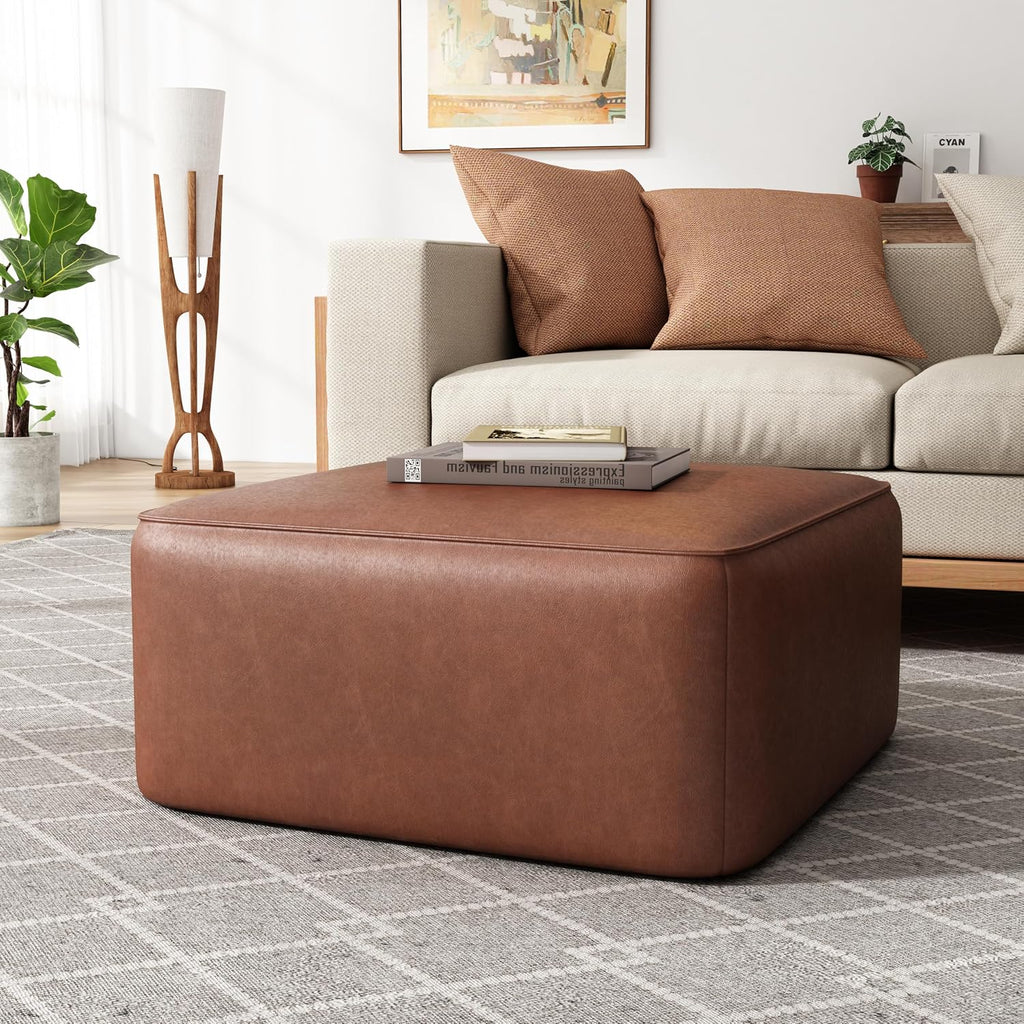30" Light‑Brown Faux Leather Square Ottoman