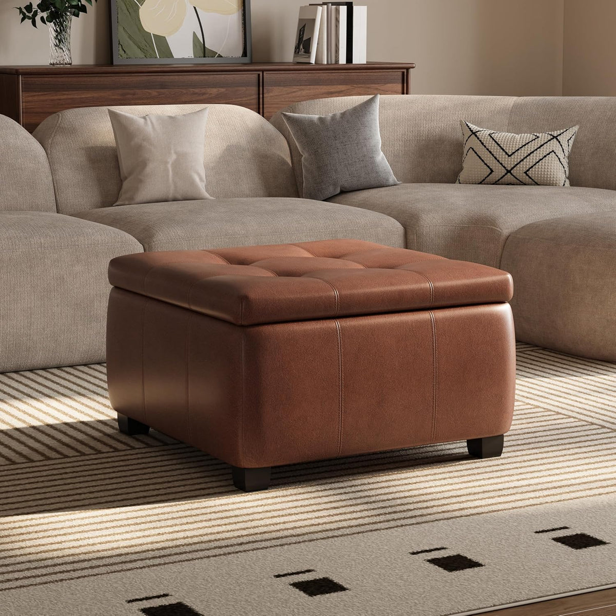 Brown Faux Leather Square Storage Ottoman