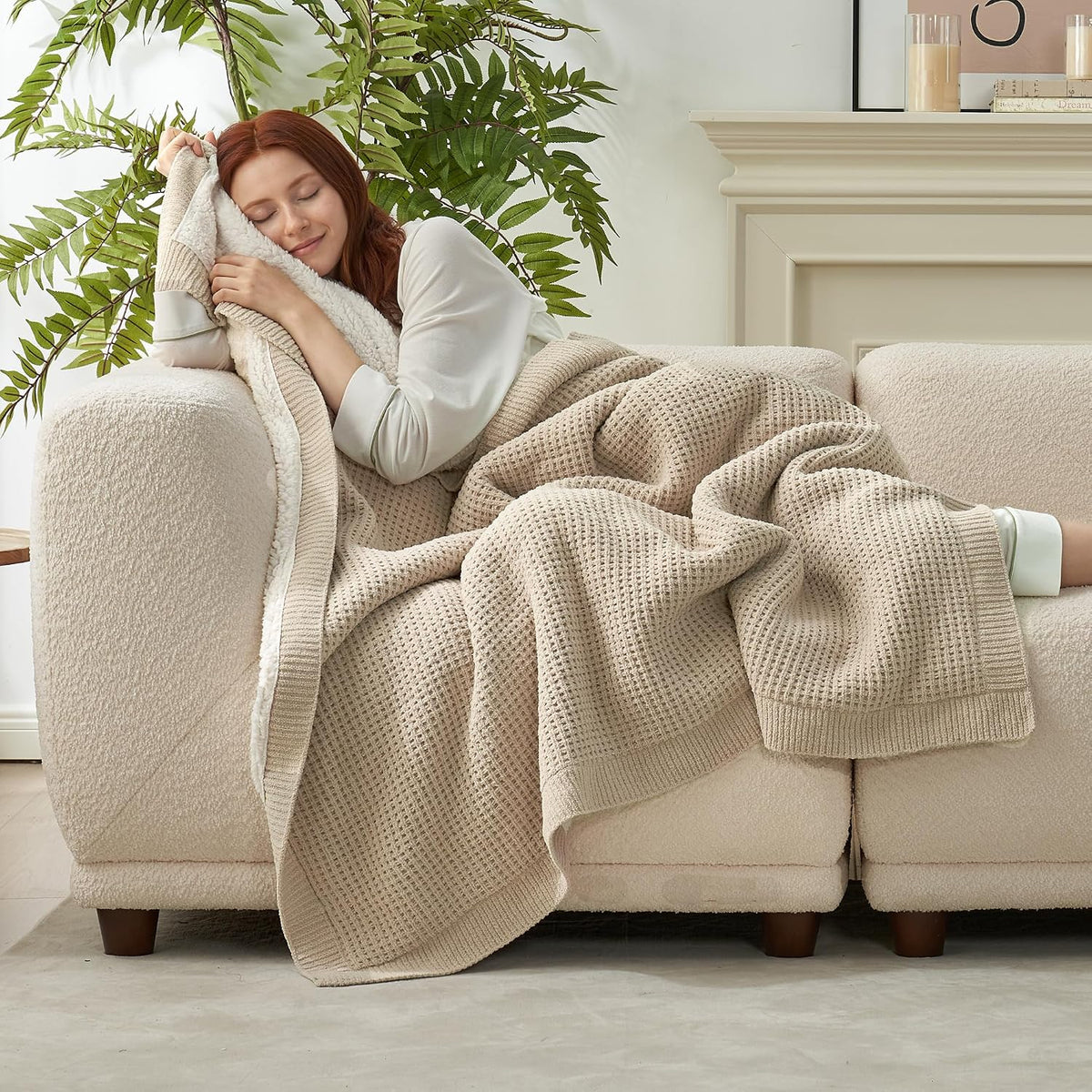 50"x60" Beige Waffle Sherpa Knit Throw