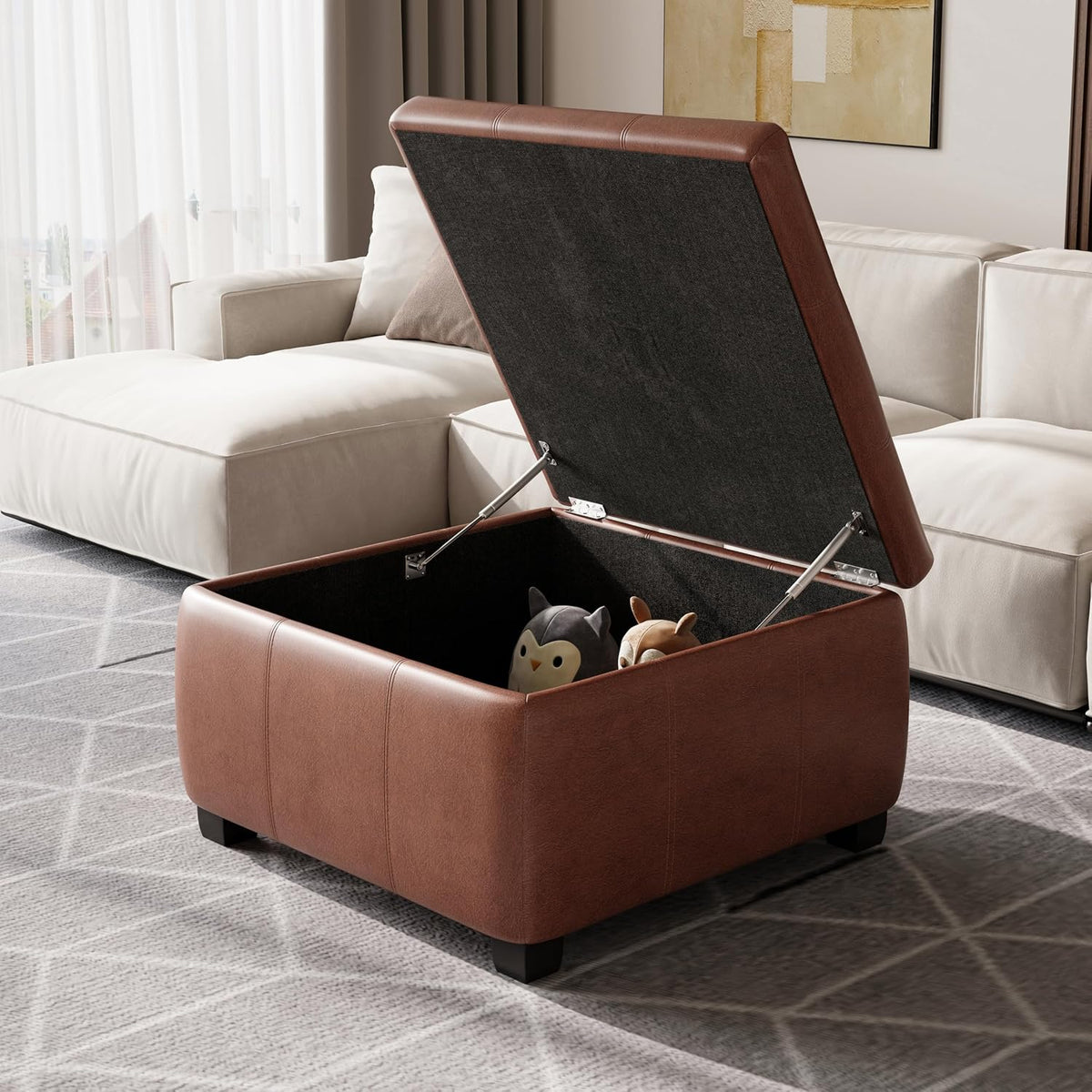 Brown Faux Leather Square Storage Ottoman