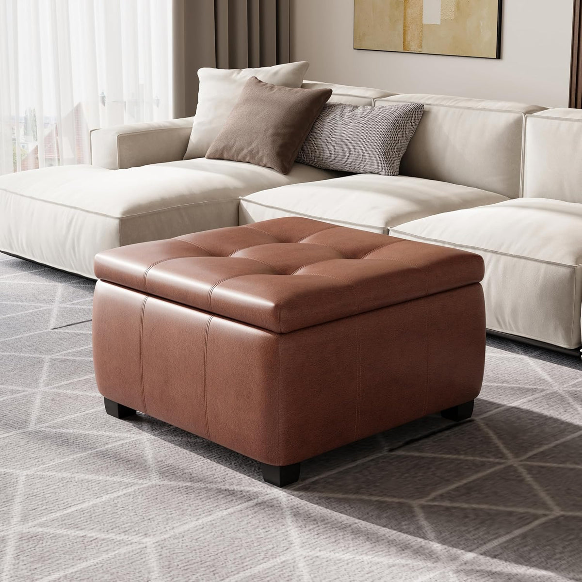 Brown Faux Leather Square Storage Ottoman