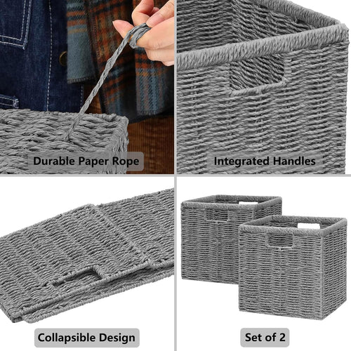 11" Grey Foldable Wicker Storage Cubes, Set of 2