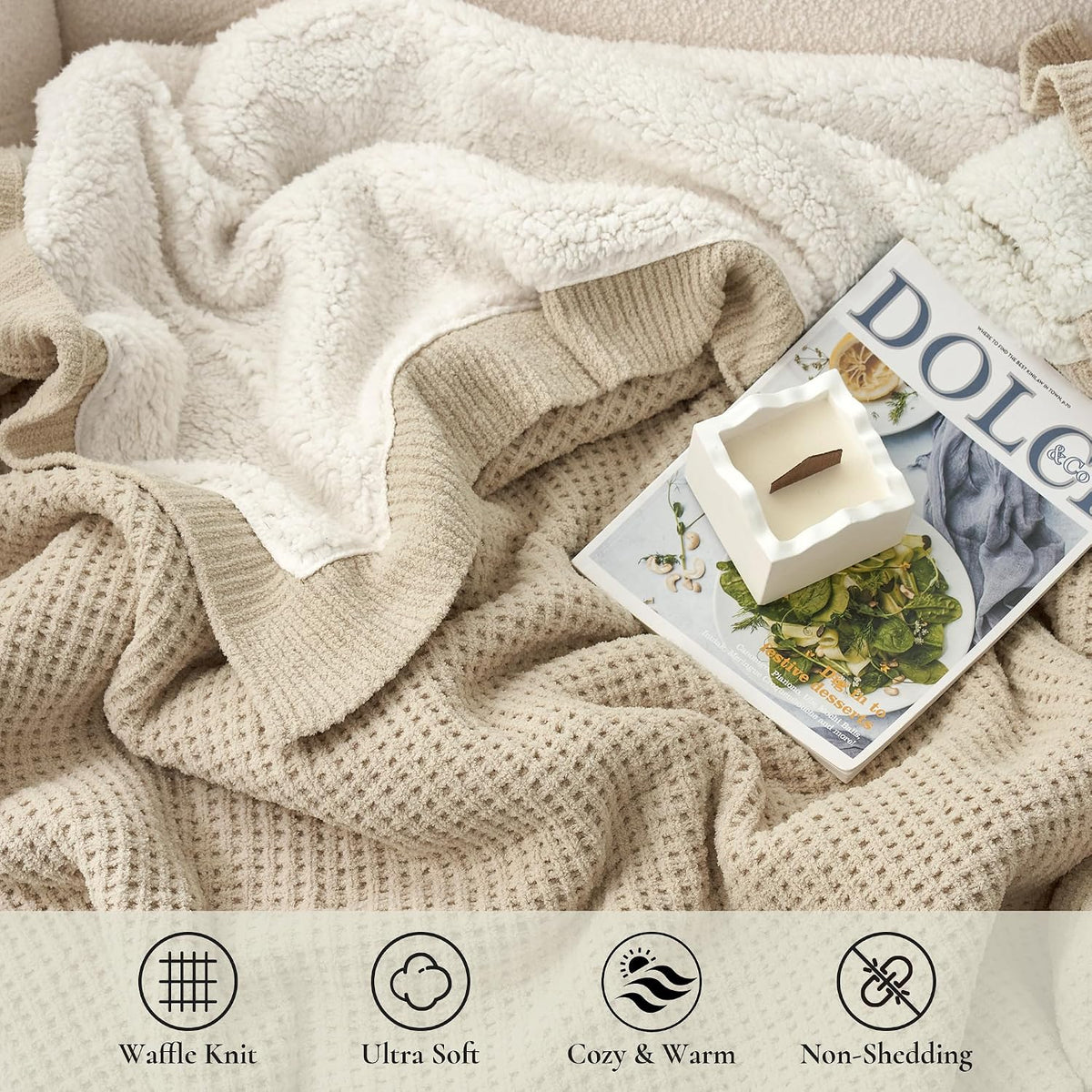50"x60" Beige Waffle Sherpa Knit Throw