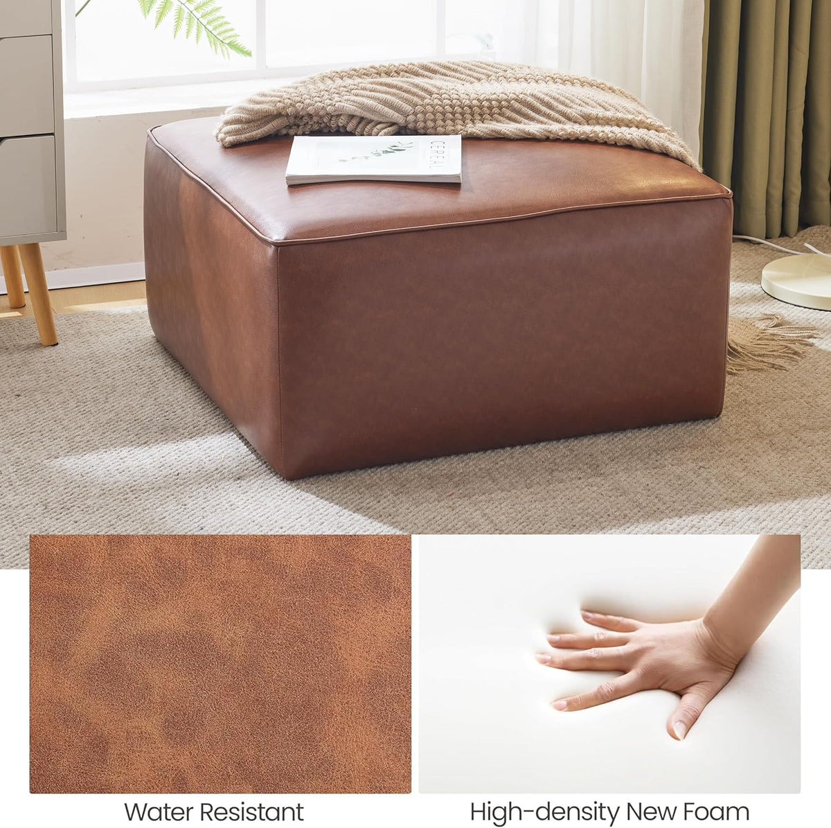 30" Light‑Brown Faux Leather Square Ottoman