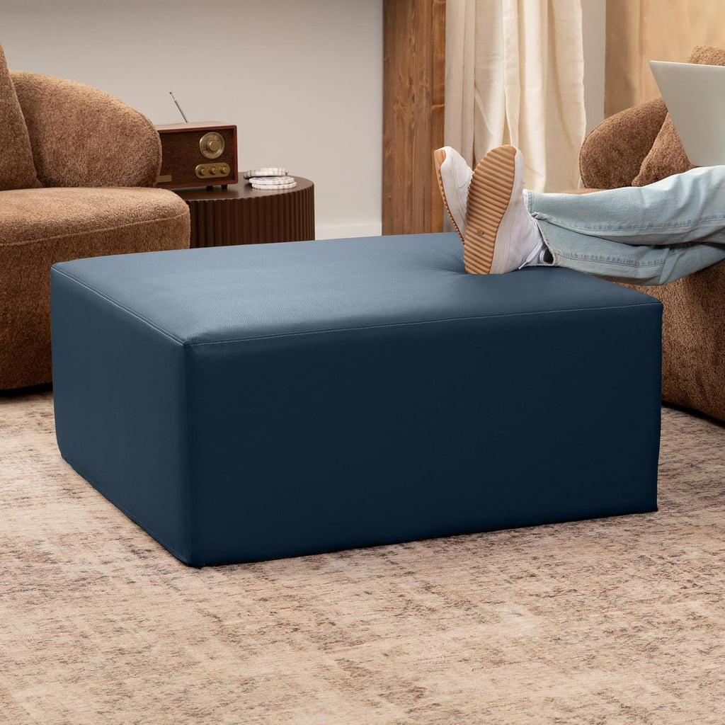 36" Oxford‑Blue Faux Leather Square Ottoman