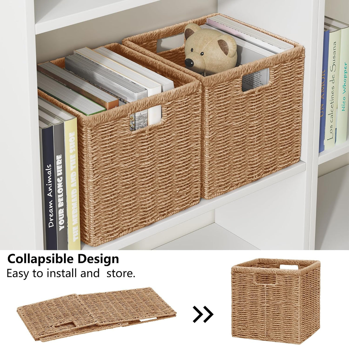 13" Natural Foldable Wicker Storage Cubes, Set of 2