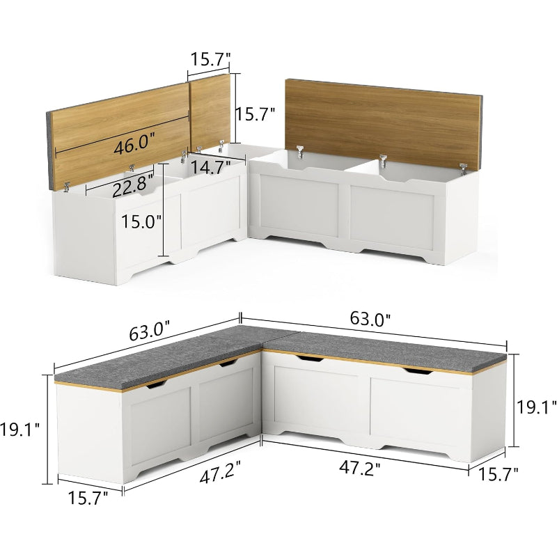 3‑Piece White L‑Shaped Cushioned Storage Bench Set