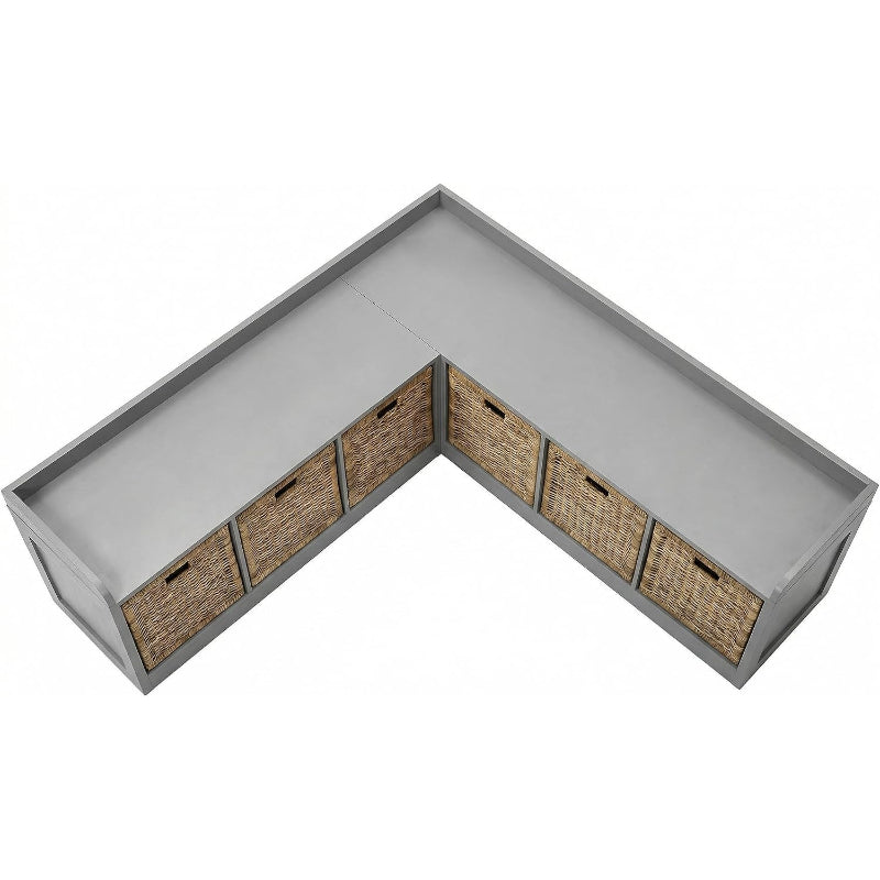 63" L‑Shaped Grey Bench with 6 Woven Basket Drawers  今天 11:19