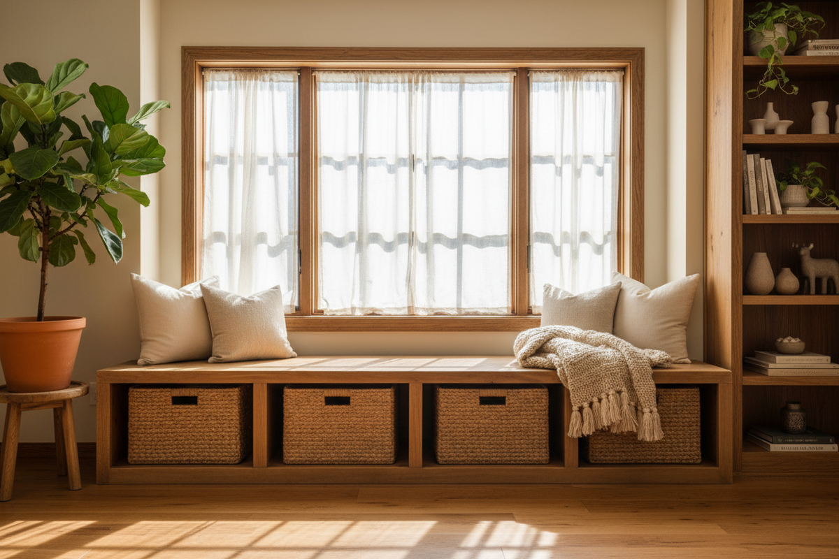 Divided Window Bench Storage Bins
