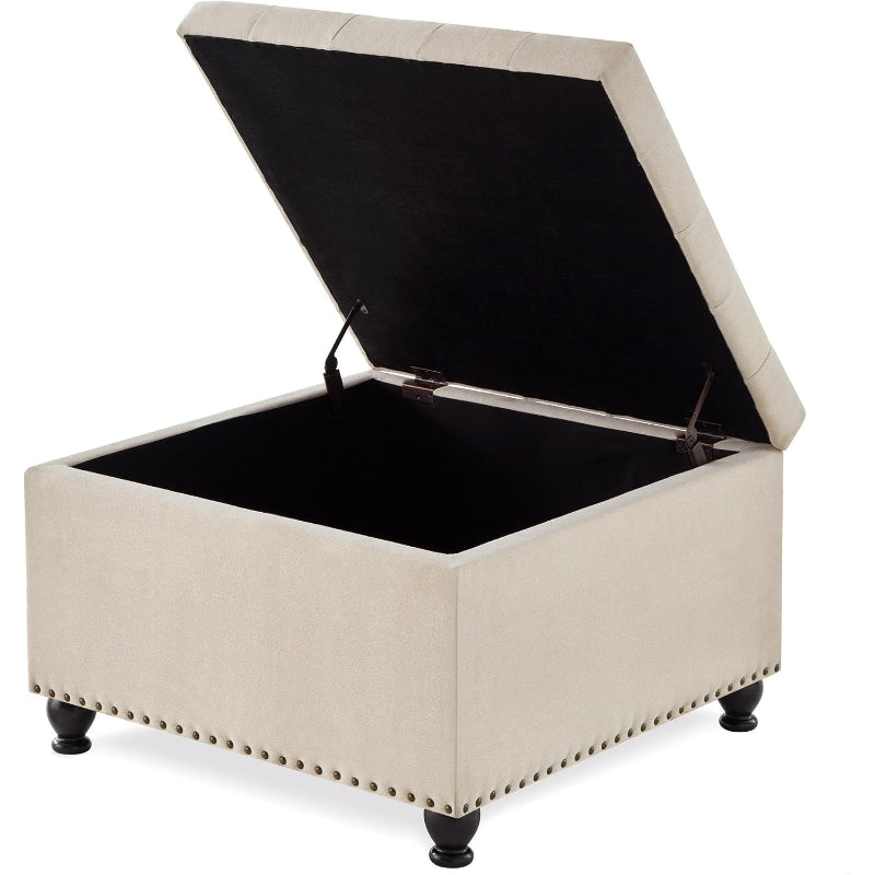 Beige Linen Tufted Square Storage Ottoman