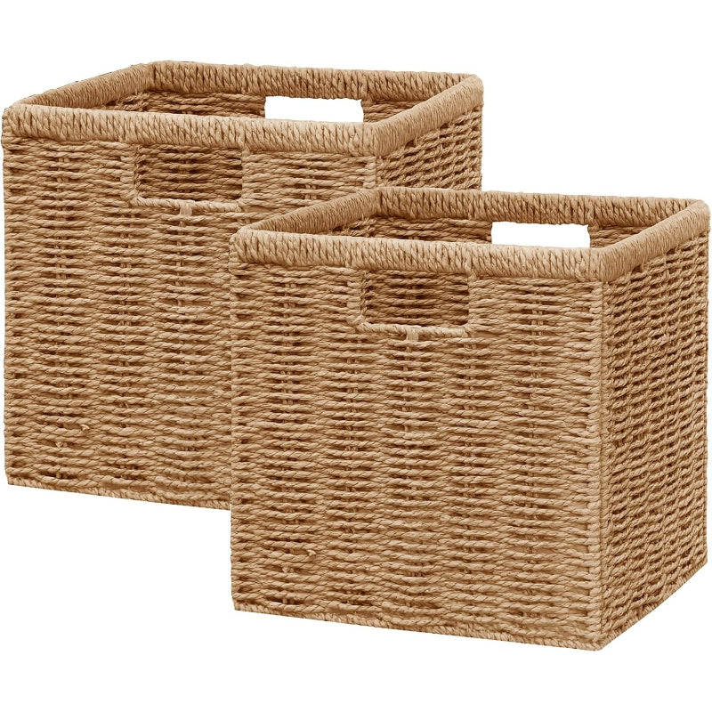 13" Natural Foldable Wicker Storage Cubes, Set of 2