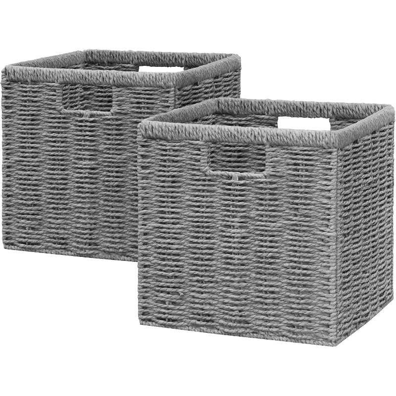 11" Grey Foldable Wicker Storage Cubes, Set of 2